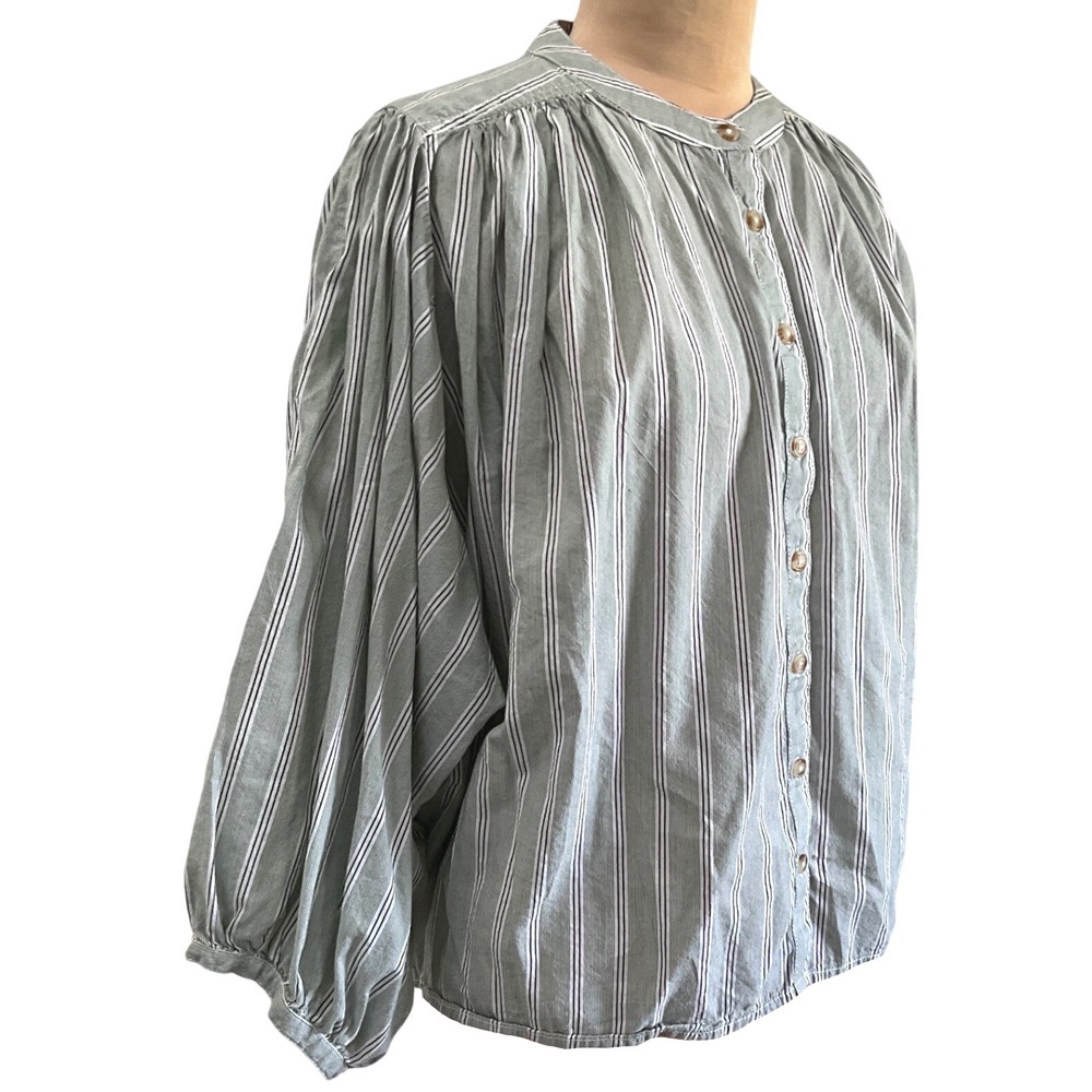Pilcro Anthropologie Green Stripe Boho Peasant Cocoon Blouse Women's Size S - Picture 4 of 12